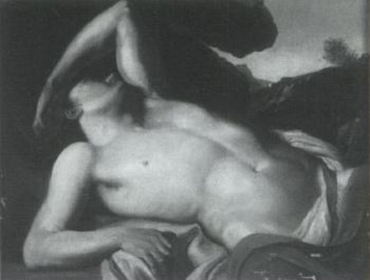 Naked man lying on red cloth by Italian School