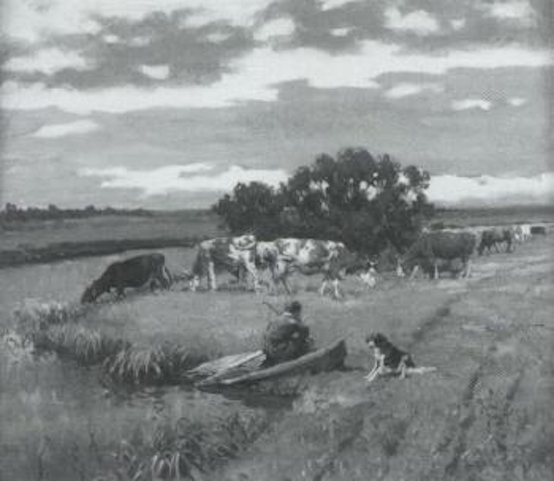 Peasant watching cattle grazing by river by Alexander W. Makowski