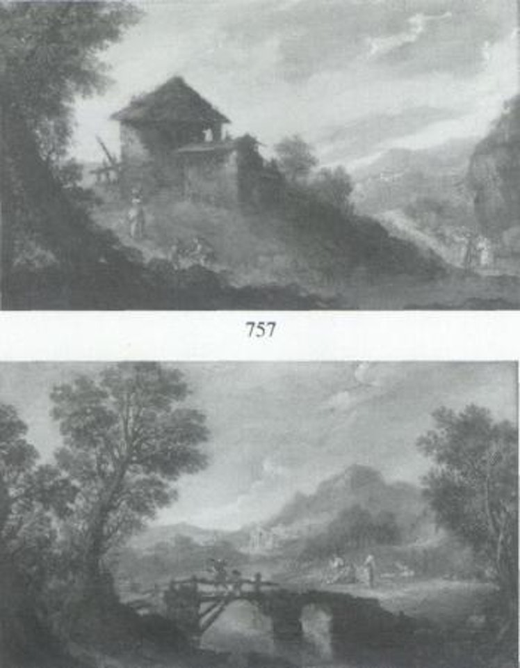 River landscape with bridge. Hilly landscape with farmstead by Italian School
