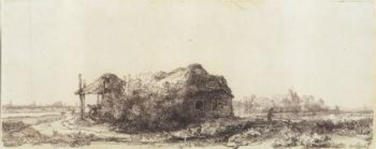 Huts and barn by Attributed to Rembrandt Harmensz van Rijn