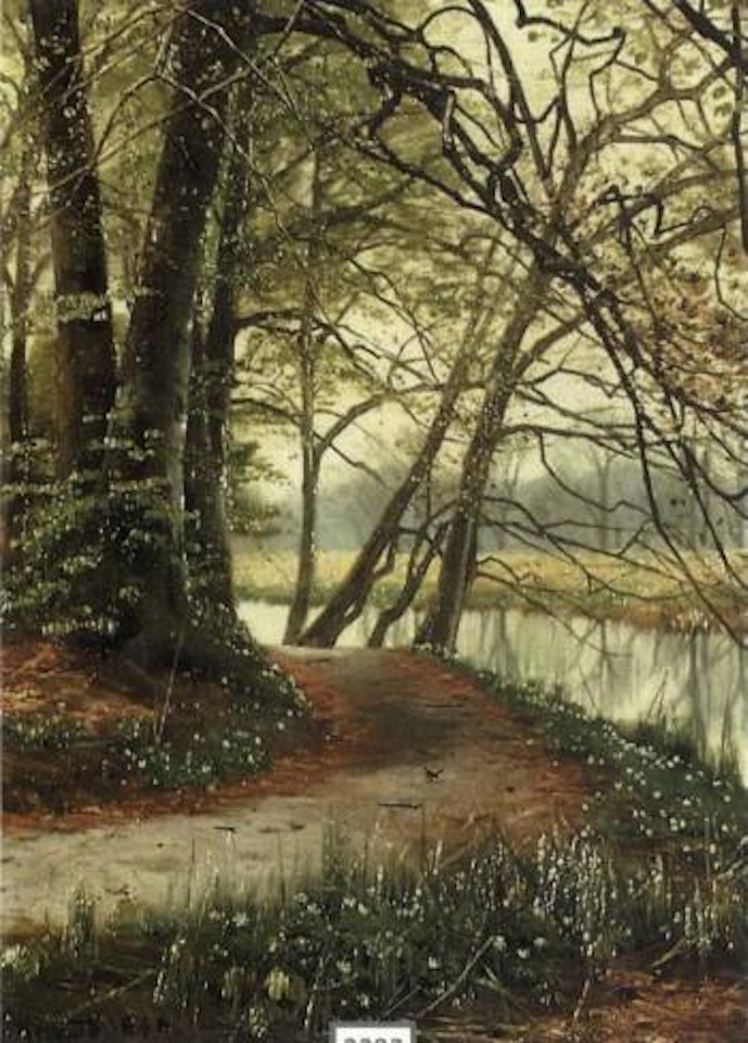 Wooded landscape with anemones by lake by Peder Mork Monsted