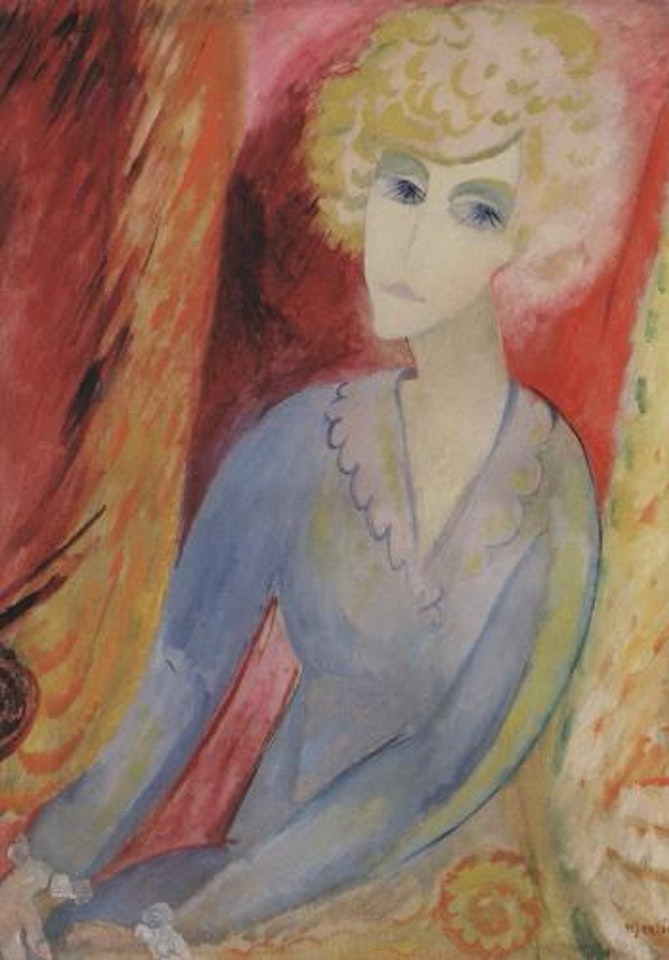 Woman against red background by Sigrid Hjertén