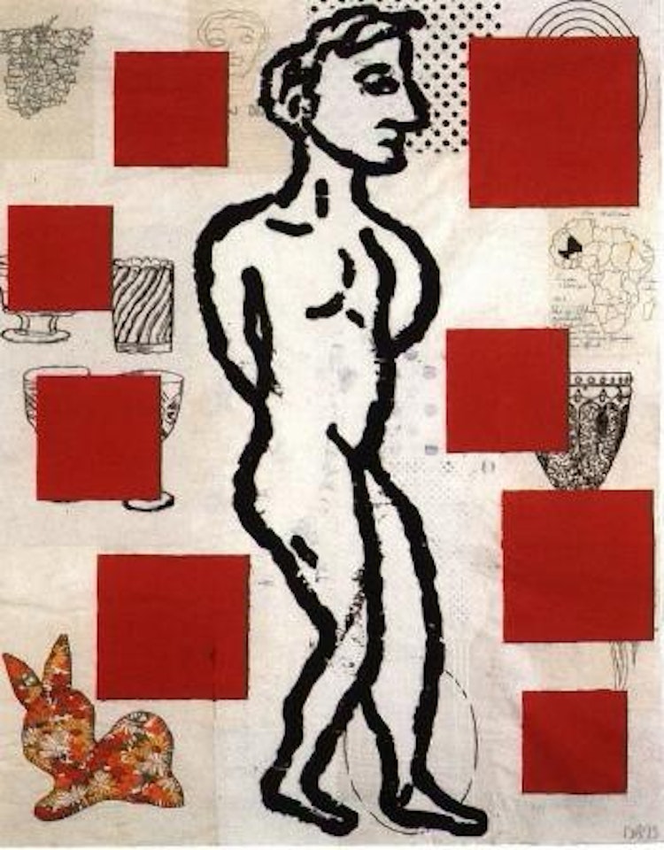 Red abstract with standing figure by Donald Baechler