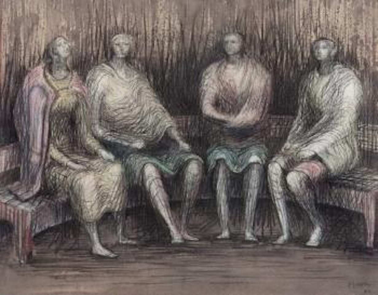 Four seated figures on a curved bench by Henry Moore