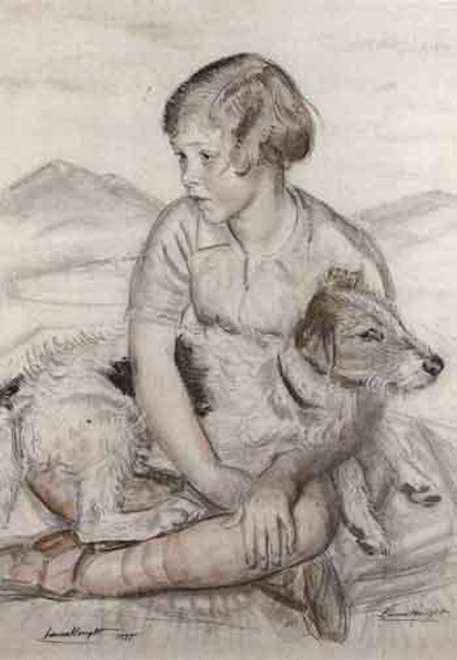 Young girl seated with her dog by Laura Knight