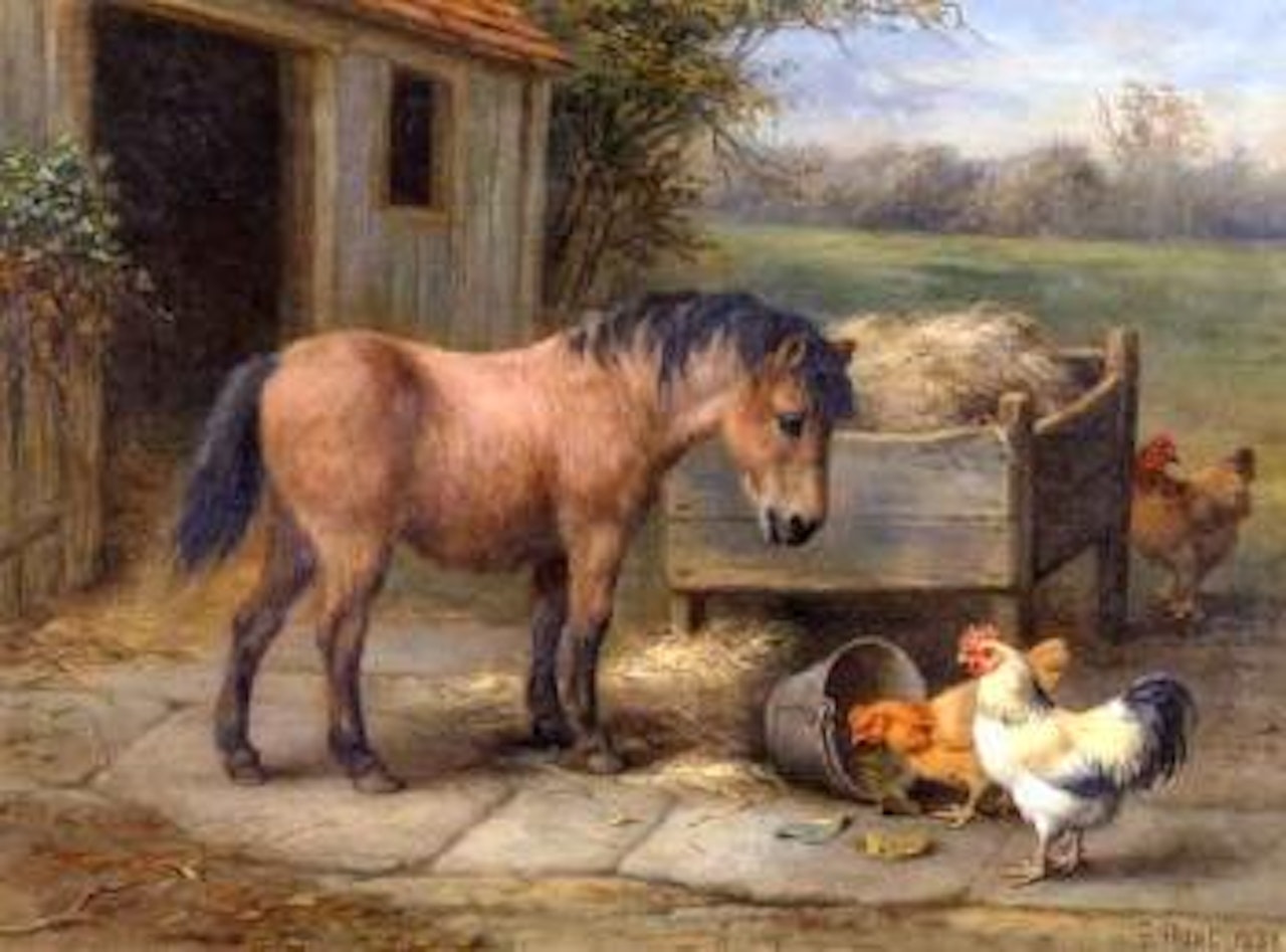 Pony and chickens by a manger. Poultry in a farmyard by Edgar Hunt