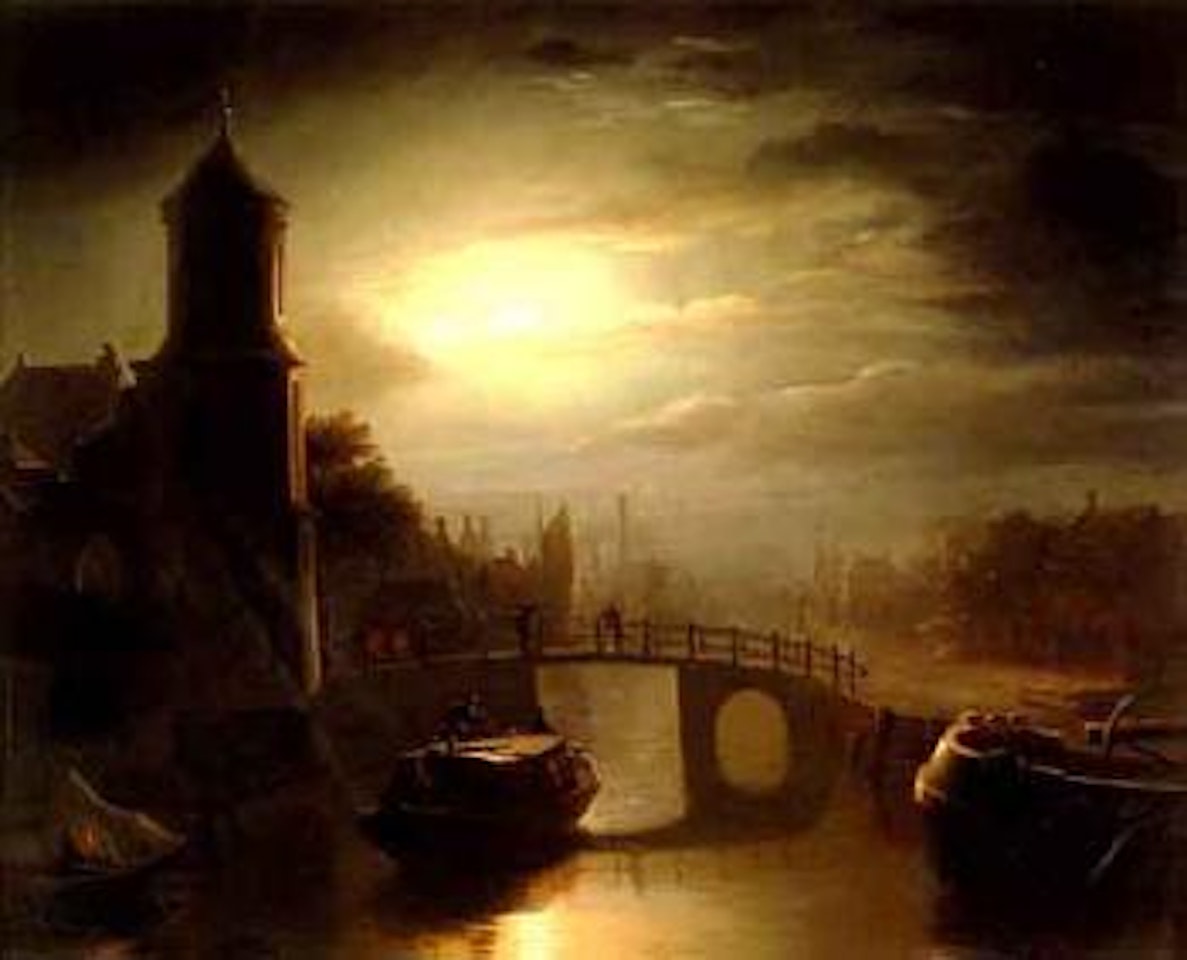 Barges on a canal by moonlight by Petrus van Schendel