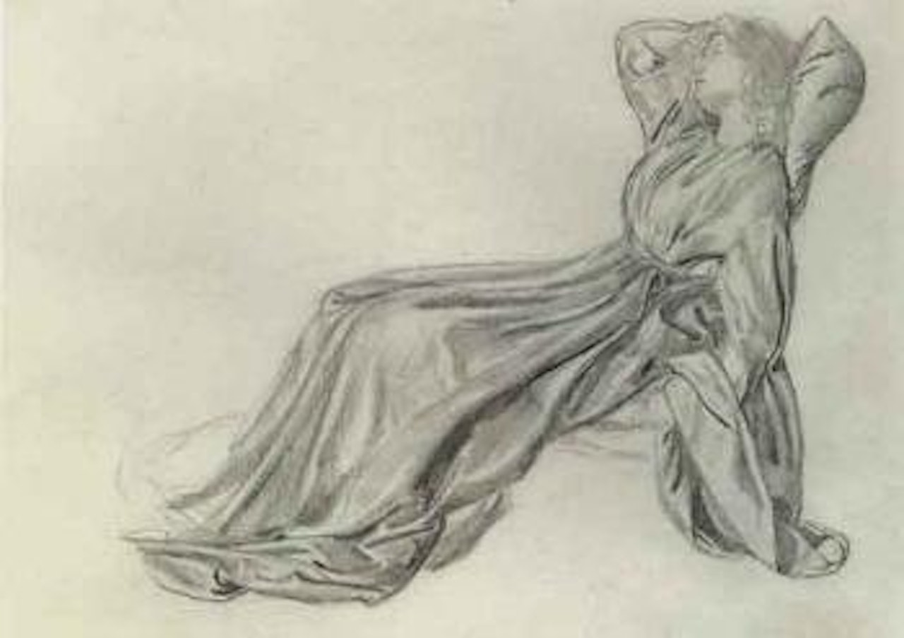 Fanny Cornforth, reclining. Draped standing figure and foot by Edward Coley Burne-Jones