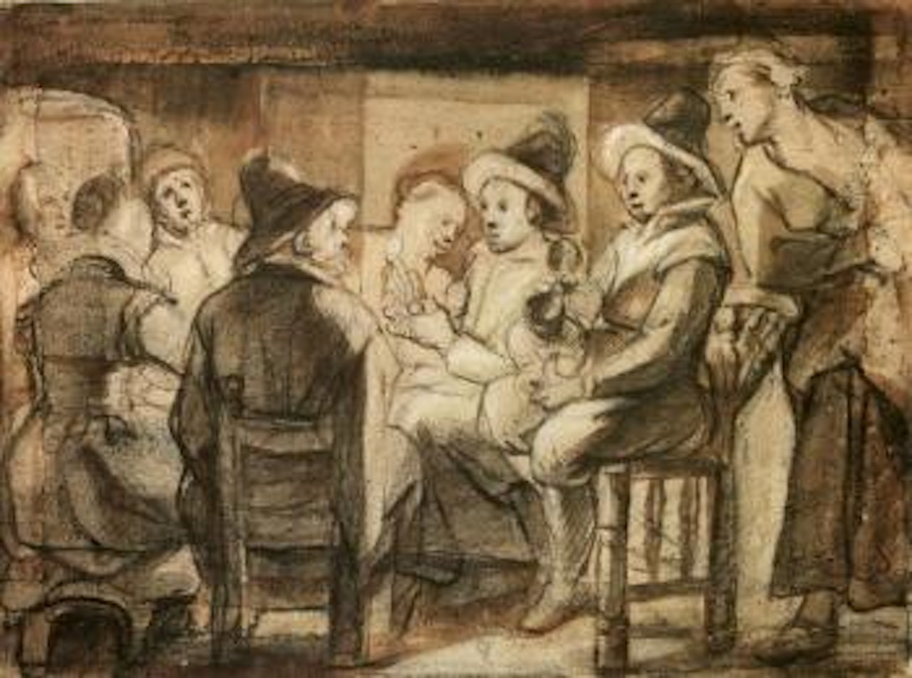 Interior scene with figures around a table. Standing and seated male figures by Jacob Jordaens