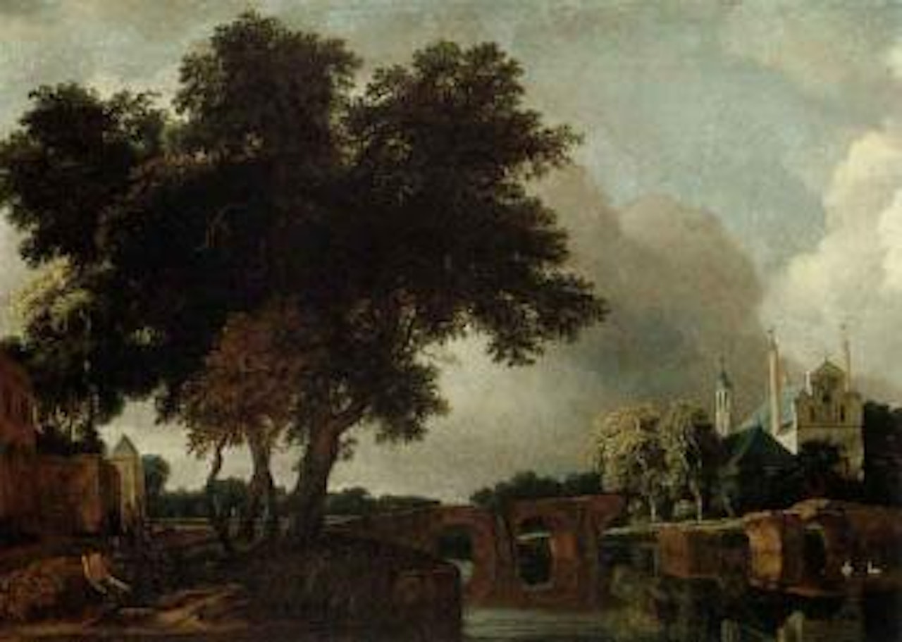 Wooded river landscape with stone bridge by Jan Van Kessel The Elder