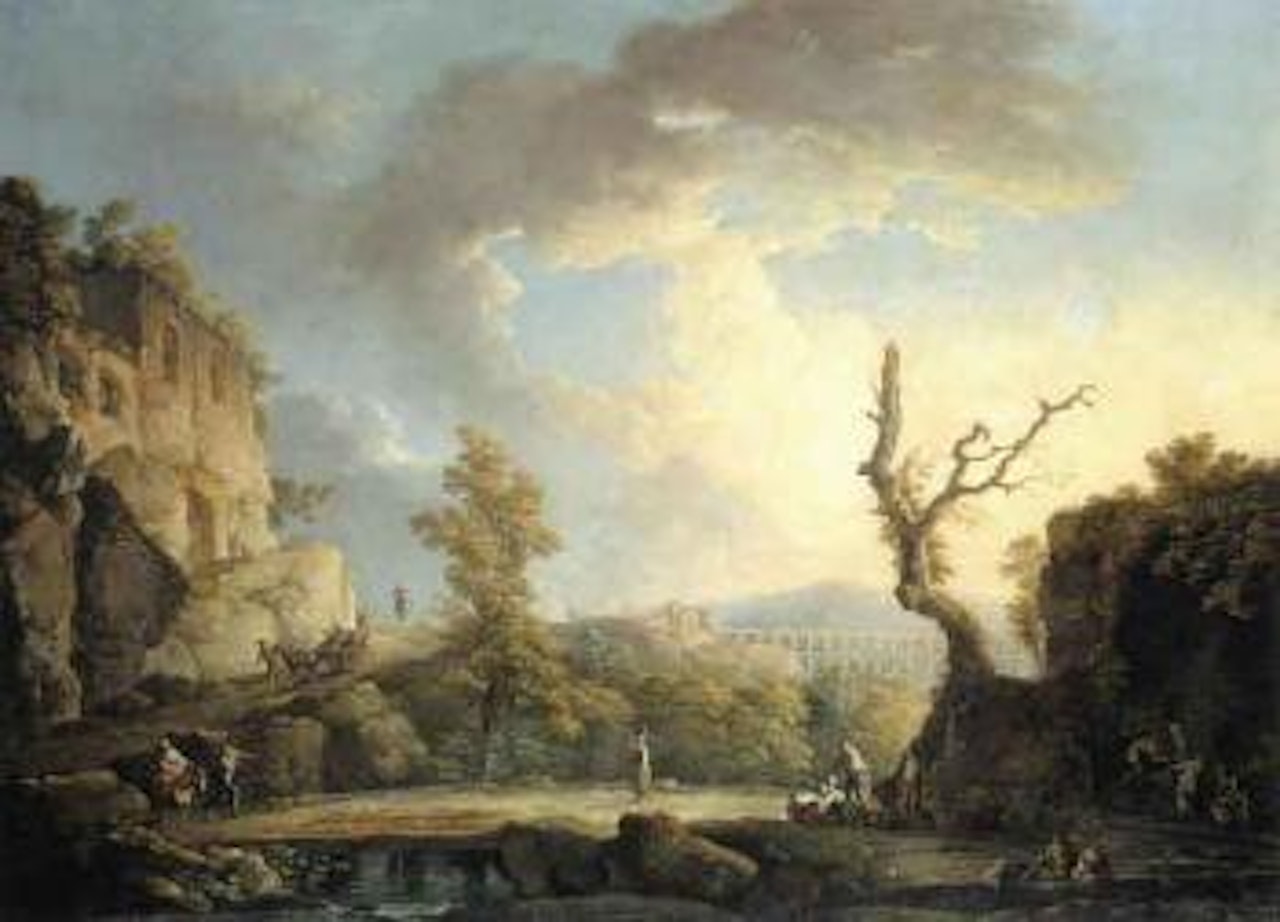 Italianate river landscape with figures, Roman aqueduct beyond by Carlo Bonavia