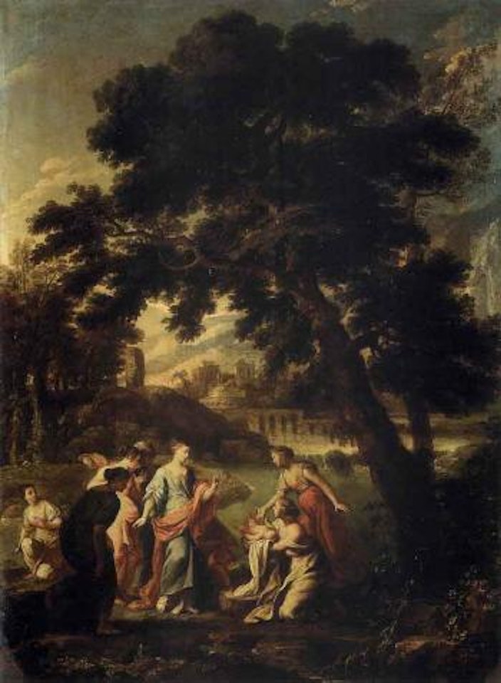 Wooded river landscape with the Finding of Moses by Roman School