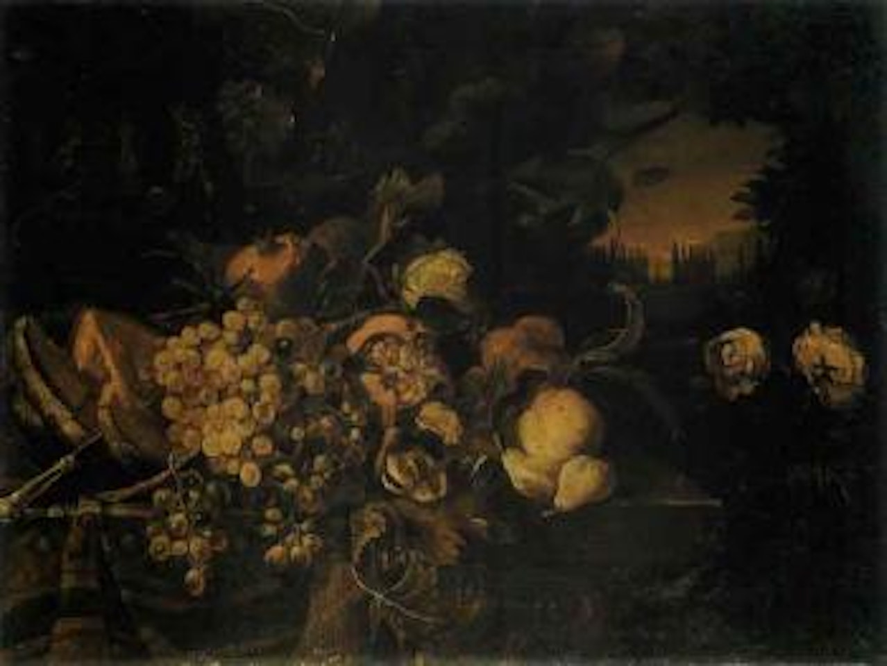 Grapes on vine, melon, pomegranates, figs, peach on table by Abraham Brueghel