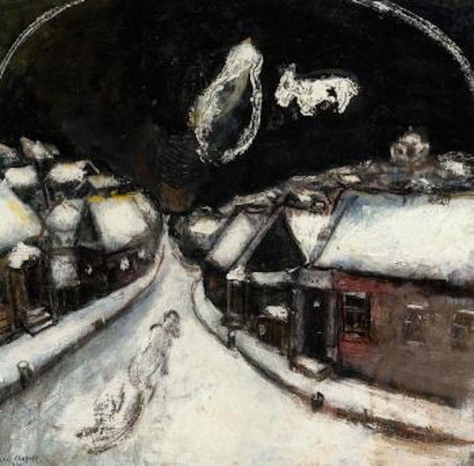 Le village enneige, esquisse pour Le rabbin dans le ciel by Marc Chagall