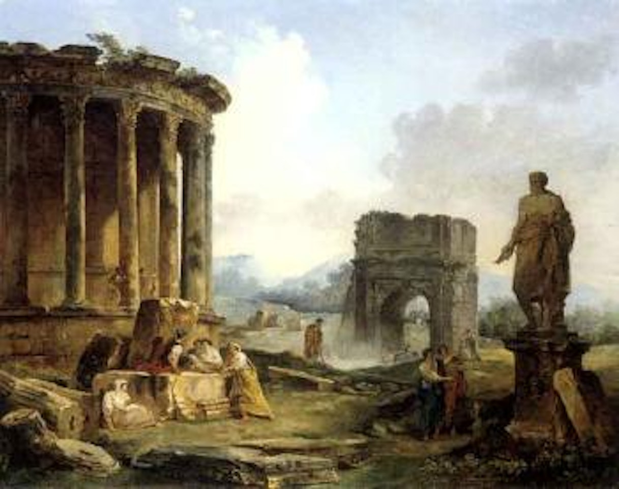Capricci of classical ruins: Temple of Vesta, Temple of Vespasian by Hubert Robert
