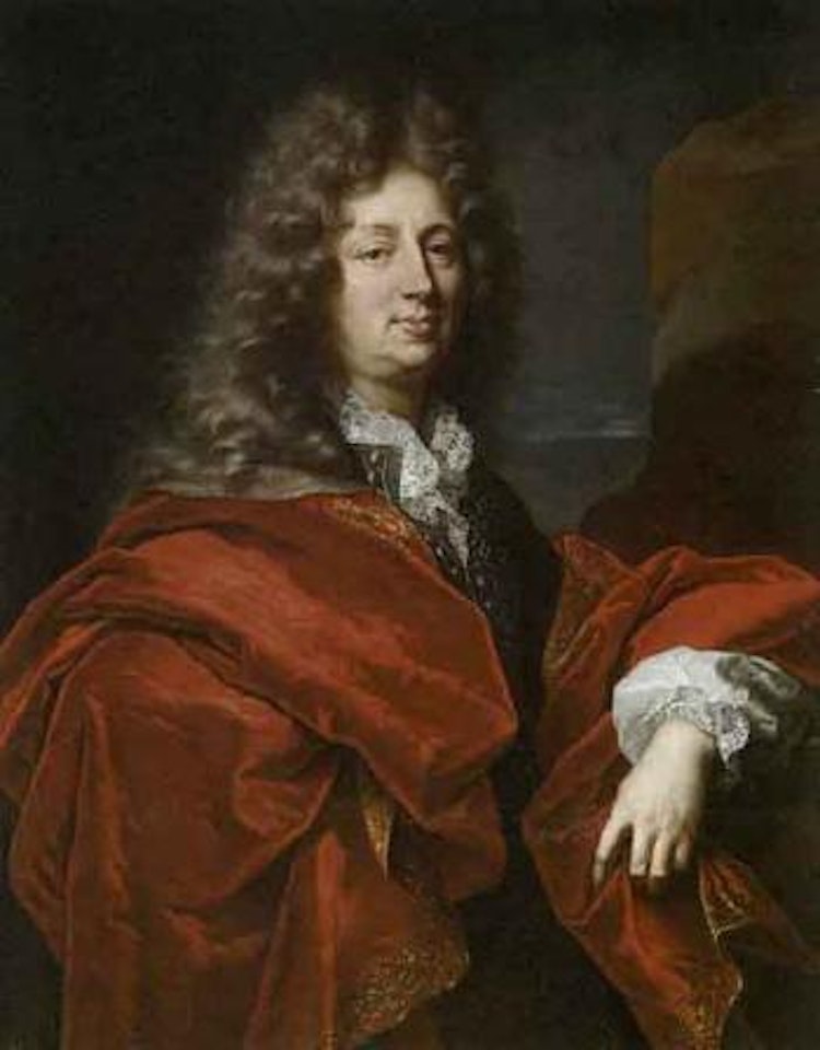 Portrait of gentleman in brown jacket, red mantle by Hyacinthe Rigaud