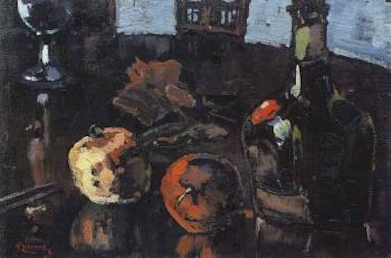 Still life with pomegranates, bottle and wine glass by Pieter Wenning