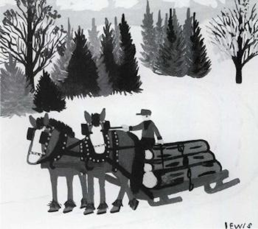 Team of horses hauling logs by Maud Lewis