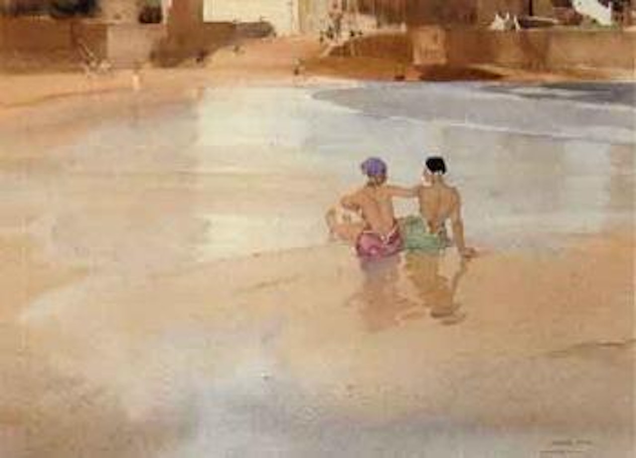 Conversation on wet sand at St Malo by William Russell Flint