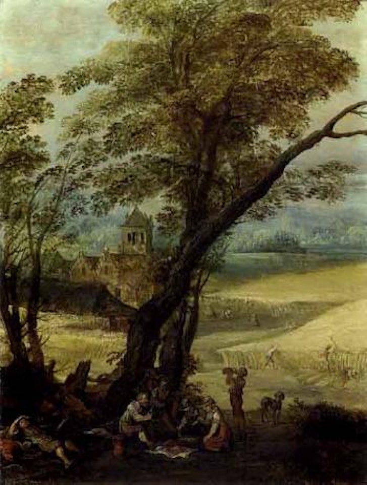 Summer, landscape with harvesters beneath tree by Hans Jordaens by Joos de Momper the Younger