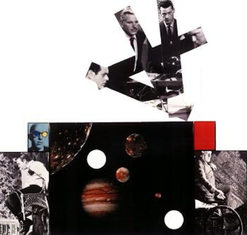 Planets, chairs, observer, white paper by John Baldessari