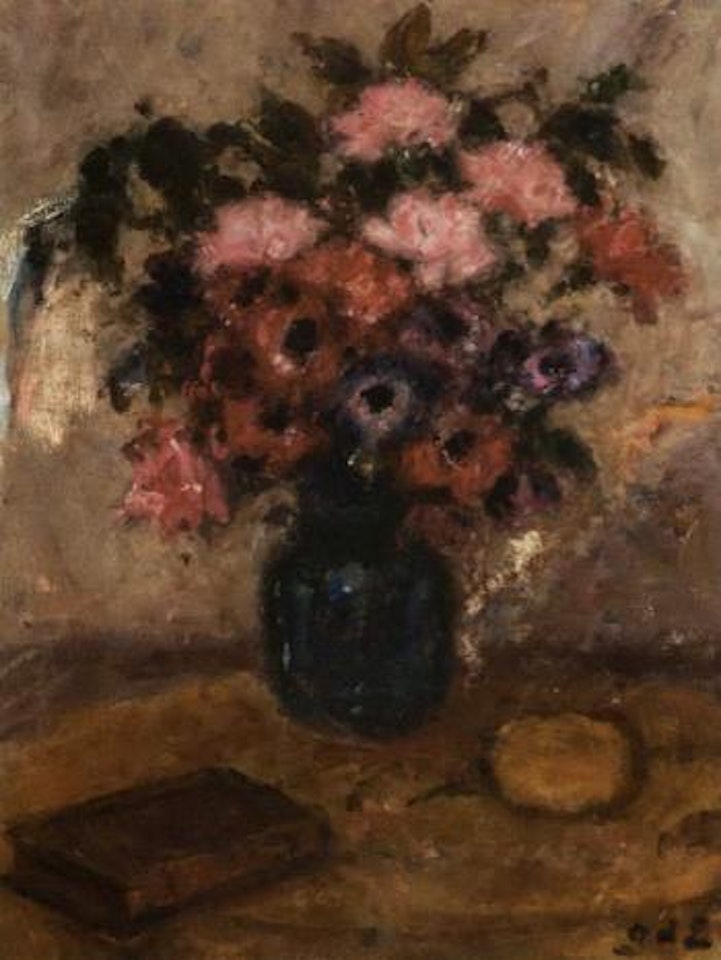 Roses and anemonies in a vase on a table by Georges d’Espagnat