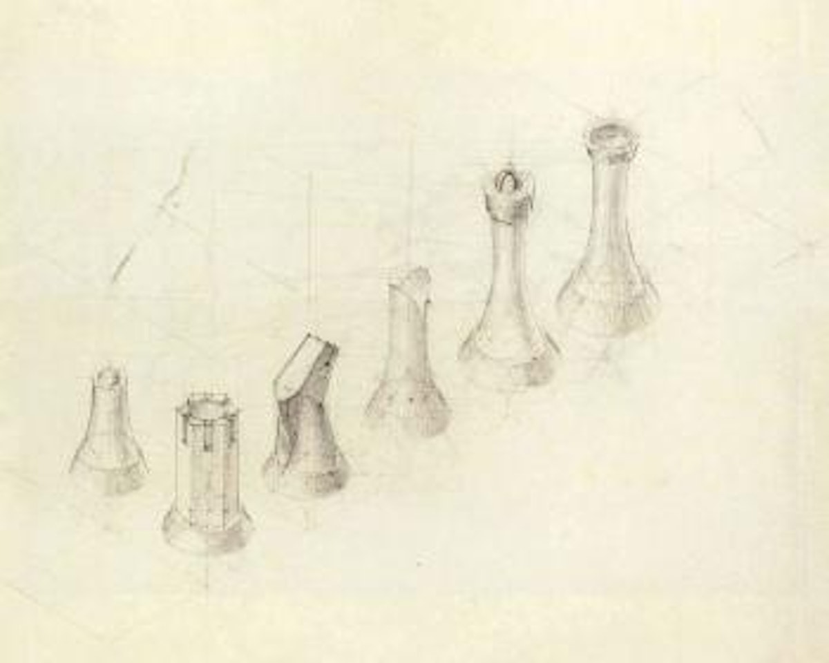 Perspective study for chess pieces. Book of divers writing by Man Ray