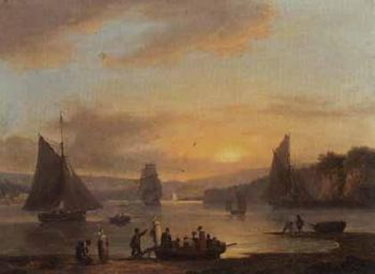 Boats in an estuary with figures disembarking in the foreground by Thomas Luny