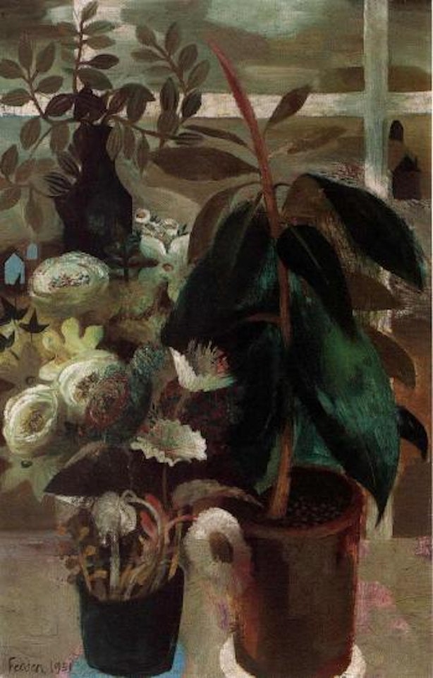 Still life with pot plants before a window by Mary Fedden