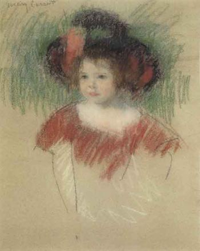 Margot in big bonnet and red dress by Mary Cassatt