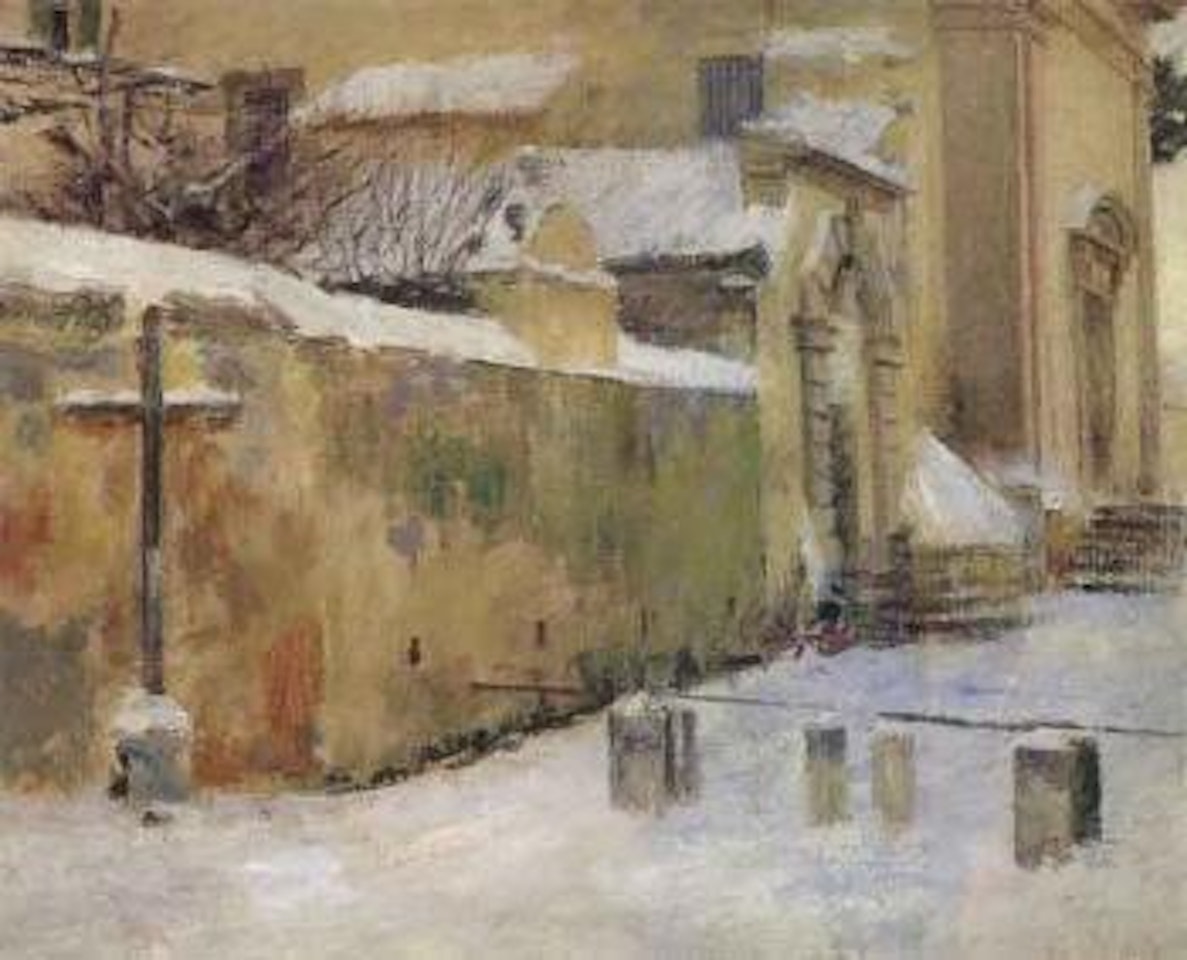Church in snow by Theodore Robinson