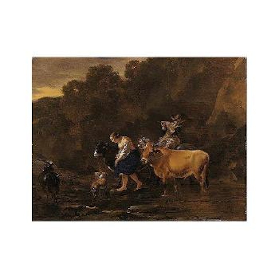 Evening landscape with drovers fording a stream by Nicolaes Pietersz Berchem