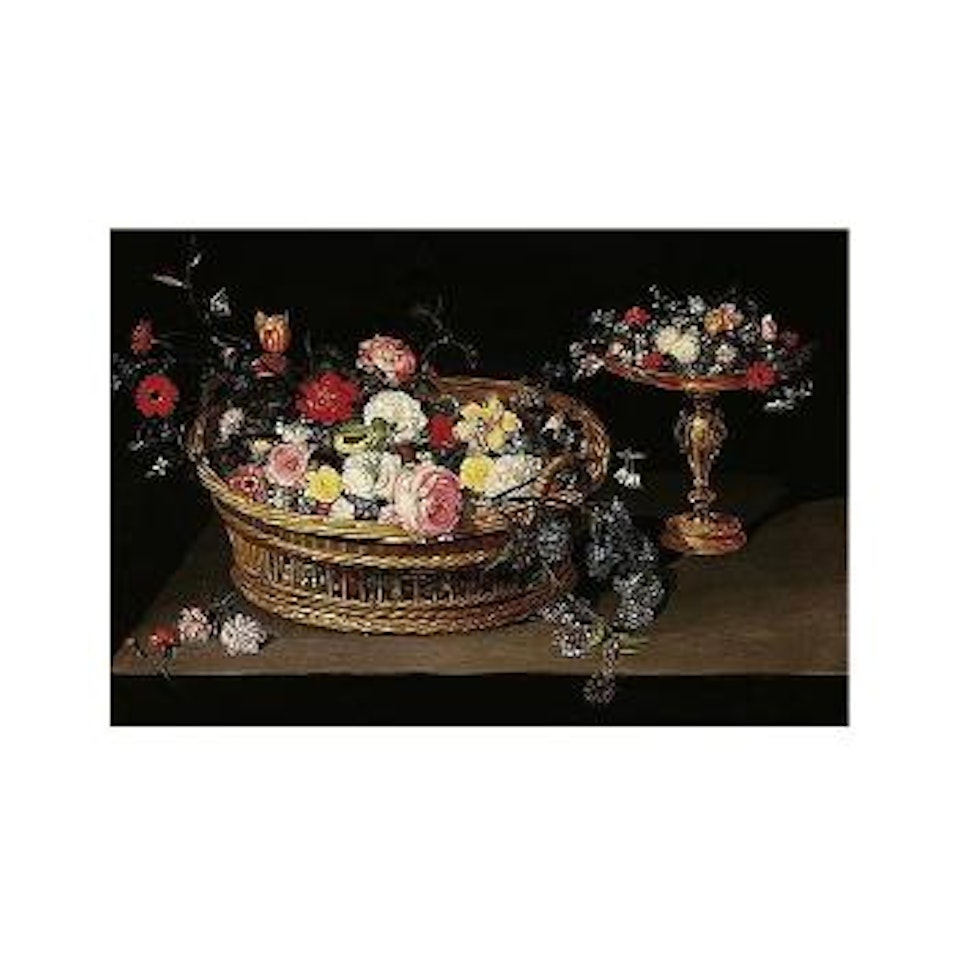 Still life of various flowers in a basket and other flowers on a gilt tazza, on a table by Jan Brueghel the Younger