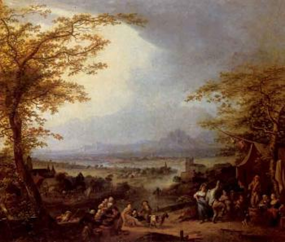 Extensive Rhineland landscape with a village dance and children playing in the foreground by Christian Wilhelm Ernst Dietrich