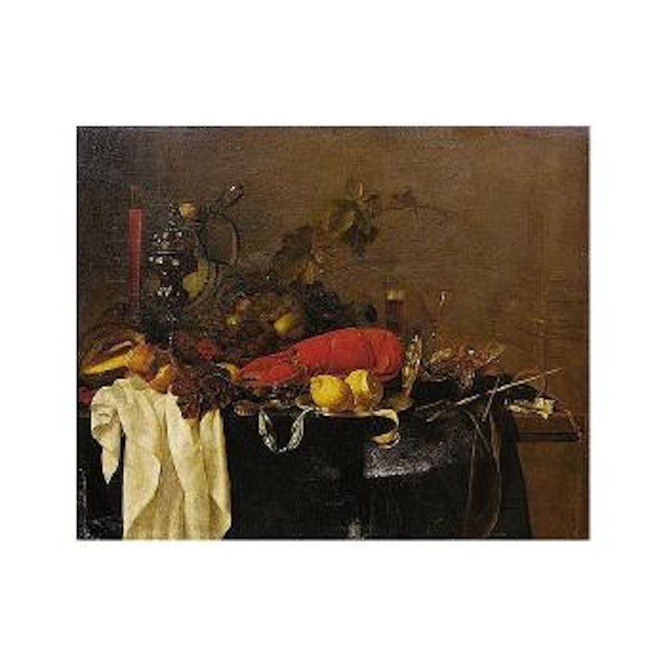 Still life with lobster, fruit, porcelain jug, pewter vessels and wine glass by Jan Davidsz de Heem