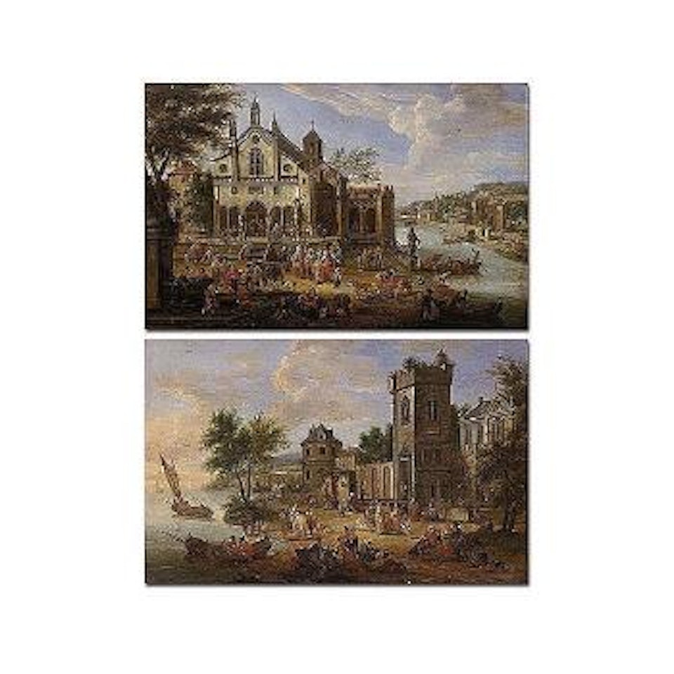 Crowded village scene with villagers and orientals gathered before a church. Coastal scene by Pieter Bout