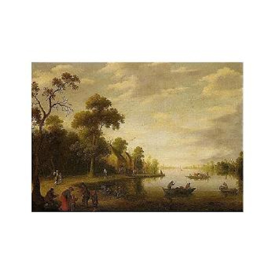 River landscape with fishermen, beggars on a track and horse drawn cart stopped by a inn by Joost Cornelisz Droochsloot