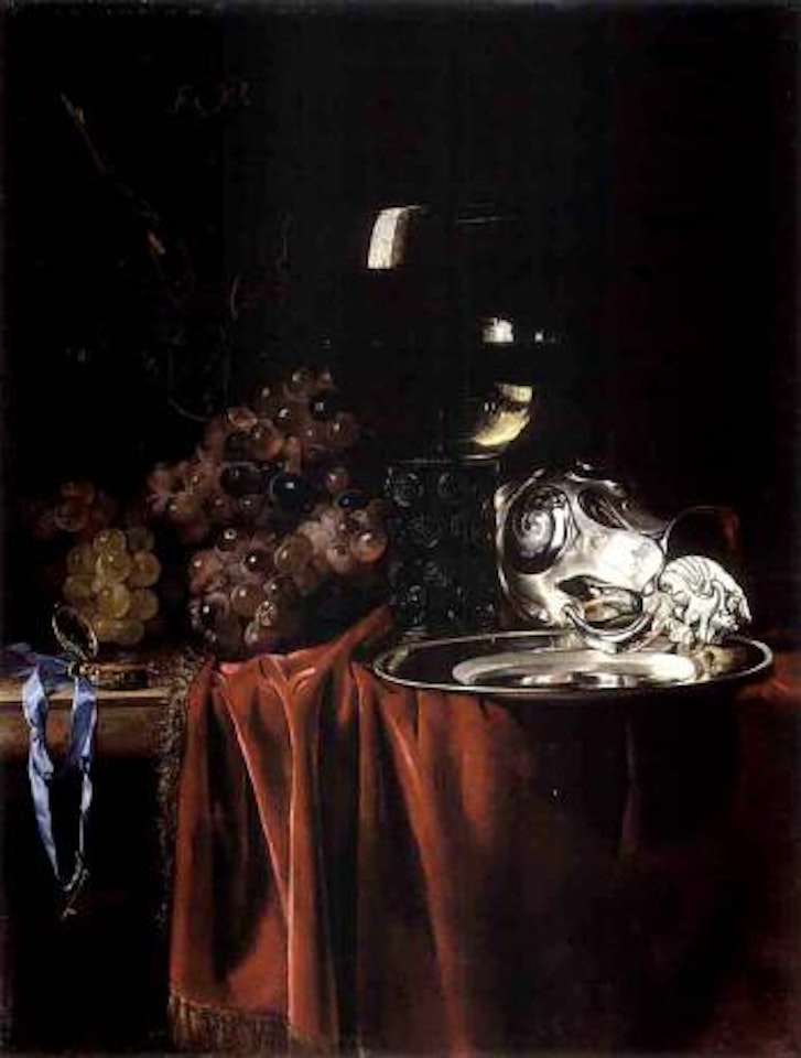 Grapes, a pocketwatch, roemer, silver ewer and a plate on a draped marble ledge by Willem van Aelst