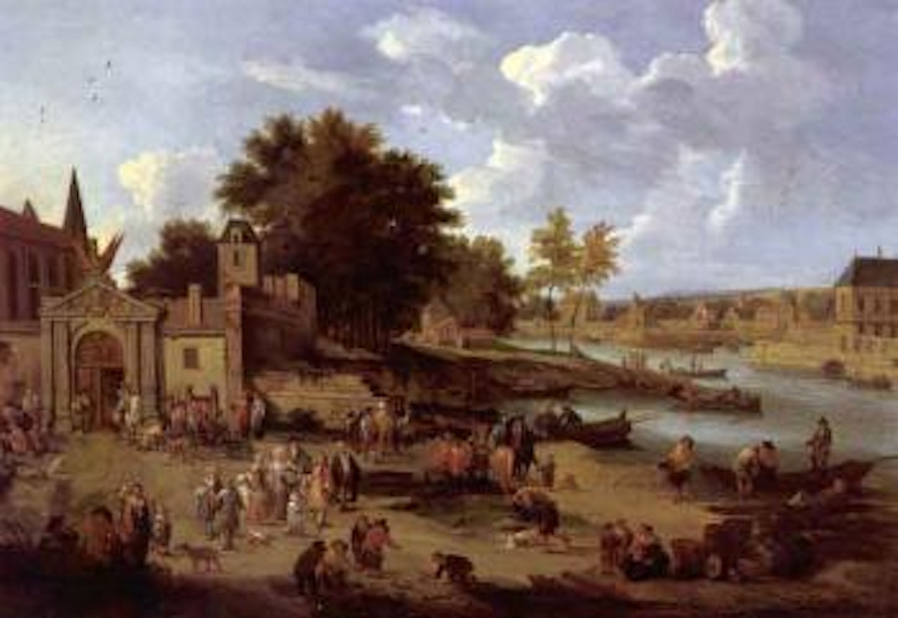 Townfolk gathering on the shore of an estuary. Townsfolk gathering outside a public building by Pieter Bout