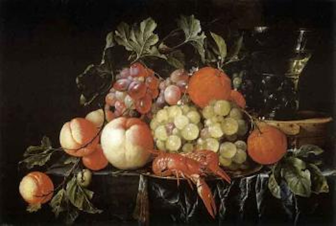 Peaches, oranges, grapes on the vine and crayfish on a pewter plate, with a roemer on a box by Cornelis de Heem