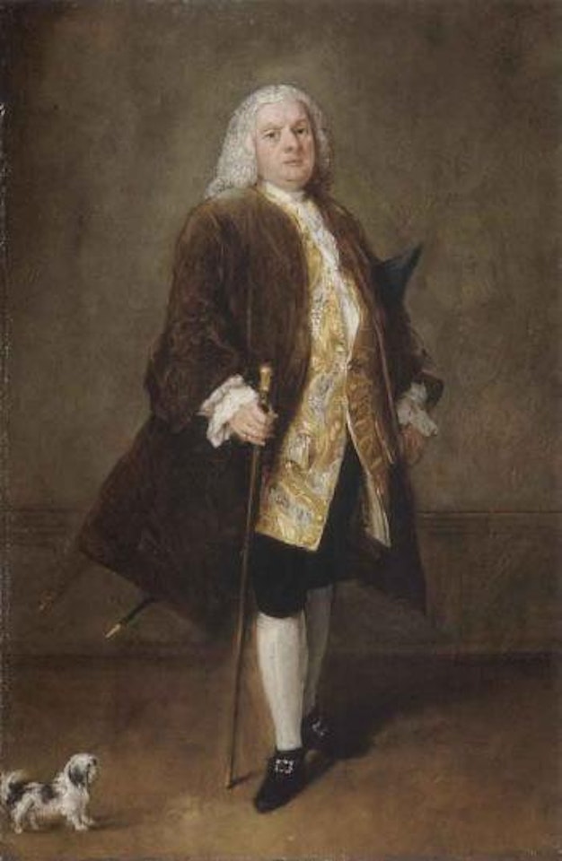 Portrait of gentleman in gold embroidered waistcoat and brown coat, holding a cane by Pietro Longhi