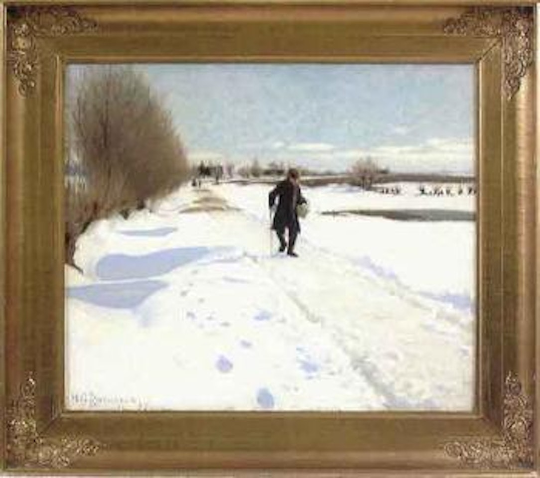 Winter landscape with man walking in sunshine by Hans Andersen Brendekilde