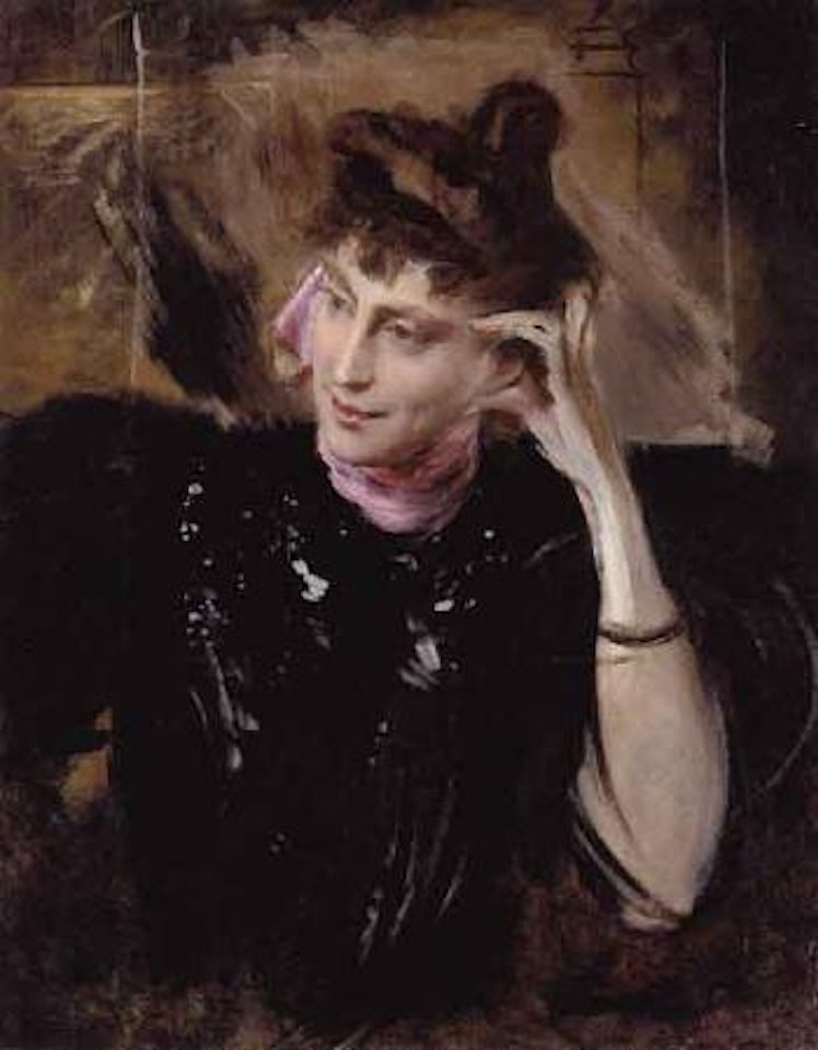 Portrait of young girl wearing black dress and pink scarf by Italian School
