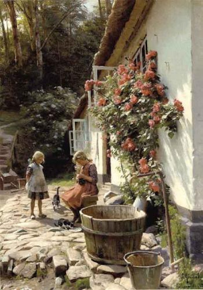 Girls and kittens outside a farmhouse by Peder Mork Monsted