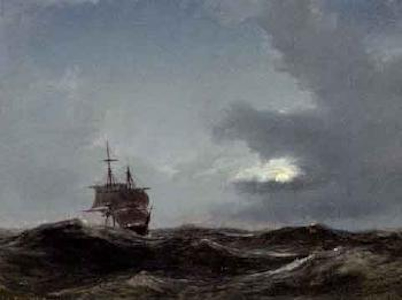 Sailing vessel in moonlight by Anton Melbye