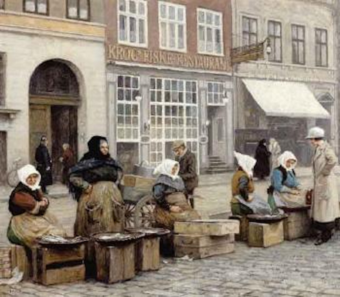 Young girl wearing hat buying fish from fishwives at Gammel Strand by Paul Fischer