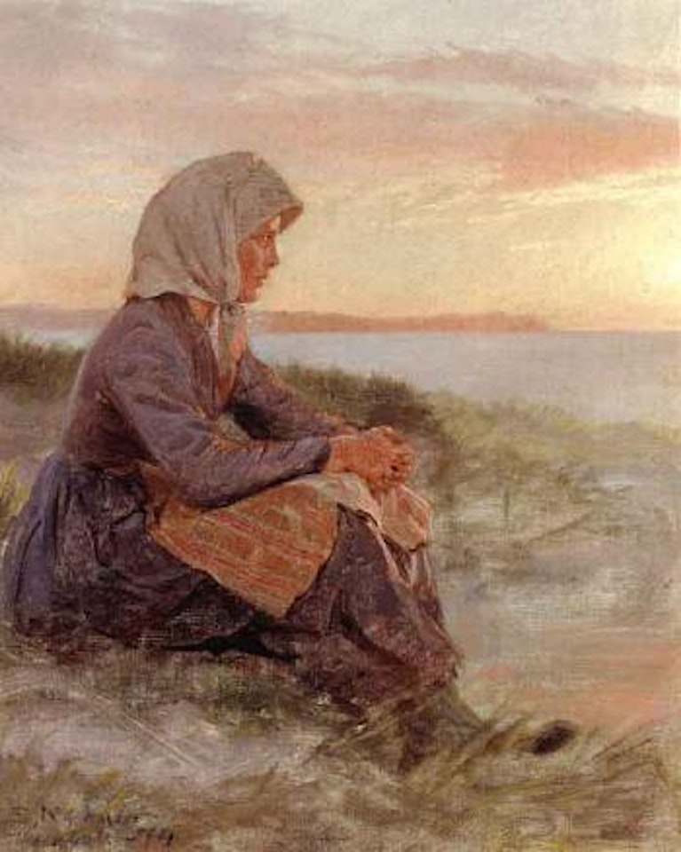 Fishergirl seated by sea, Hornbaek by Peder Severin Kröyer