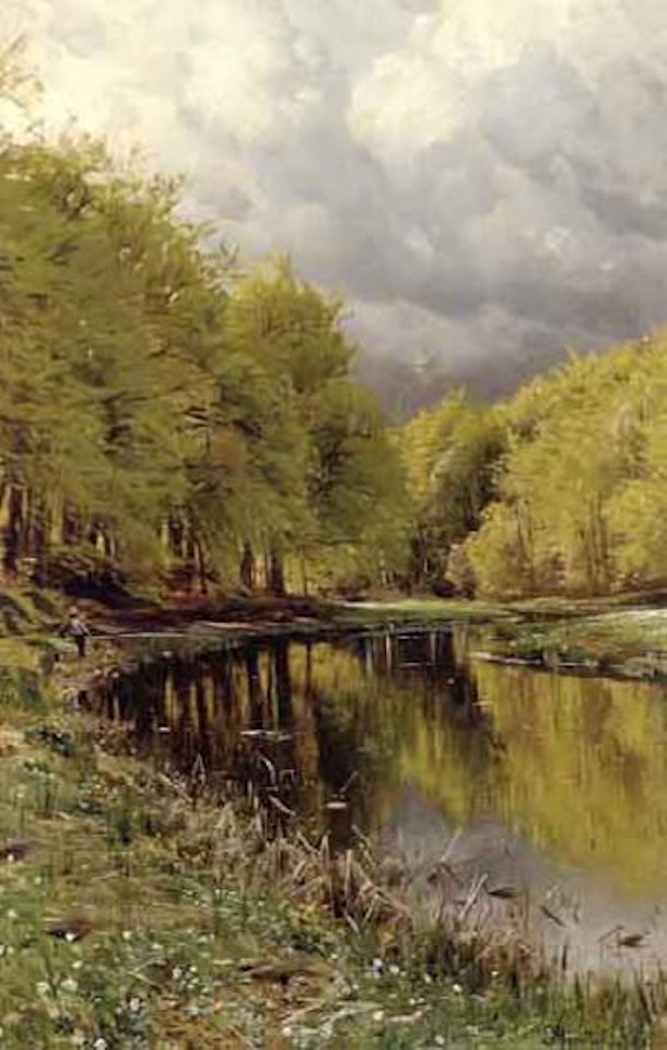 Man angling by river in spring by Peder Mork Monsted