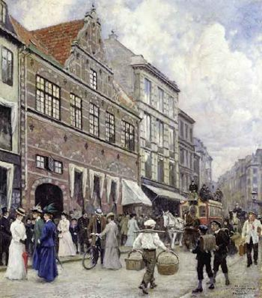 Many figures at Stroget with Efterslaegten's School by Paul Fischer