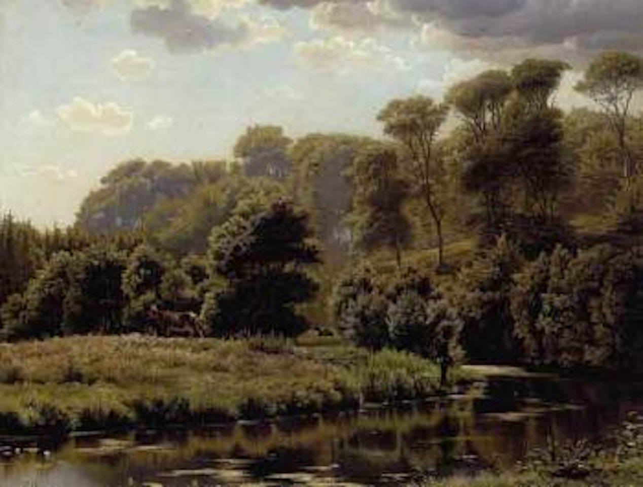 Landscape with river, boy fishing in foreground, Jylland by Peder Mork Monsted